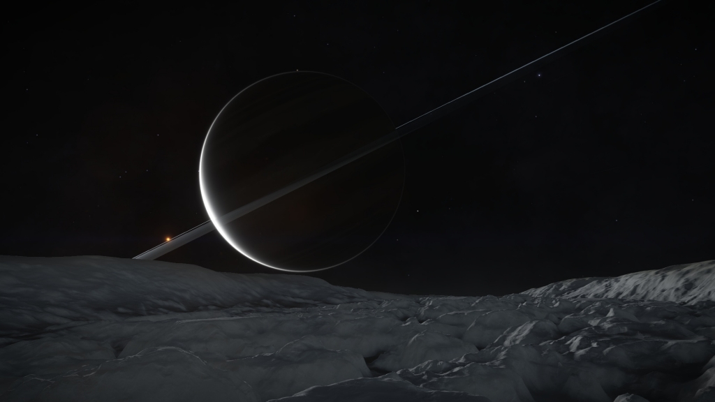 Ice world closely orbiting ringed Gas giant